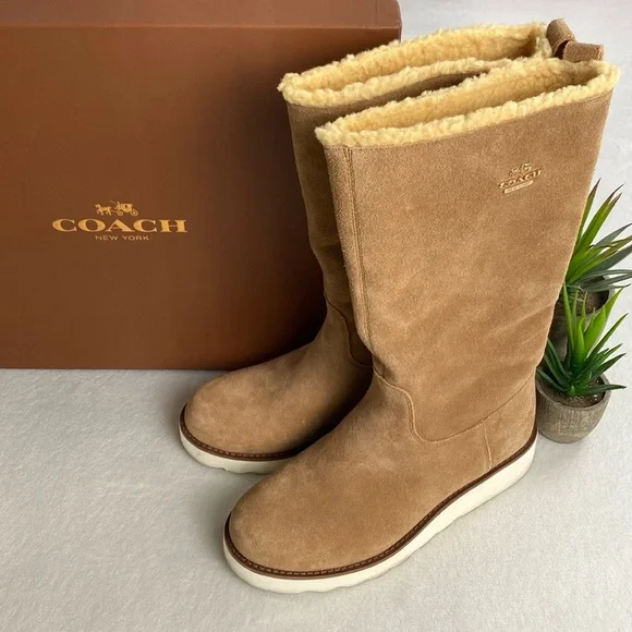 Coach Vitoria Suede Faux Curly Shearling Mid Calf Boots (Camel